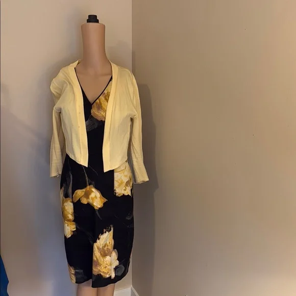 White House Black Market Elegant Black Yellow Floral Dress w/matching cardigan - Picture 4 of 4